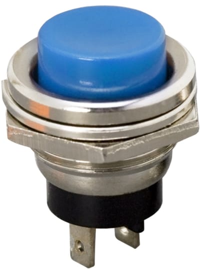 5x Inbouw Drukknop Schakelaar SPST OFF-(ON) - Momentane Push Button 250VAC 2A - Normaal Open Schakelaar Met Metalen Huls En Blauwe Kunststof Knop - Ronde Drukknop Voor Bedieningspanelen - Inbouwmaat M16x1 - Verkoopeenheid 5 Stuks [09065KE]