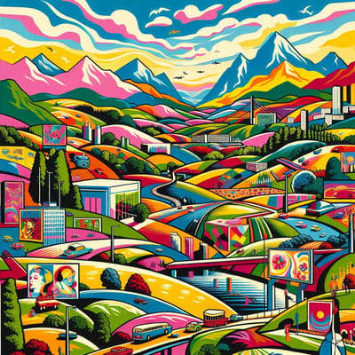 Pop art landschap schilderij | Retro kleurenspel: hedendaags landschap met een pop art twist | Kunst - 100x100 centimeter op Canvas | Foto op Canvas