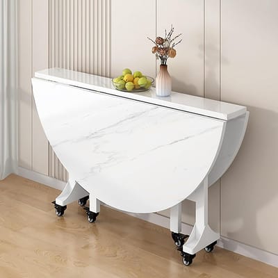 Ronde Klaptafel - Eettafel Bijzettafel - Ruimte Besparen - Vergrendelbare Wielen - 100 cm - Wit