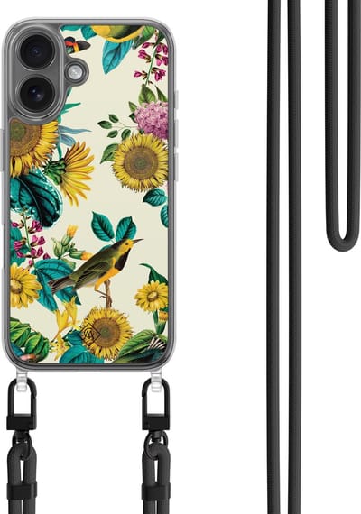 Casimoda® hoesje met koord - Geschikt voor iPhone 16 - Zonnebloemen / Bloemen - Afneembaar koord - TPU/polycarbonaat - Geel