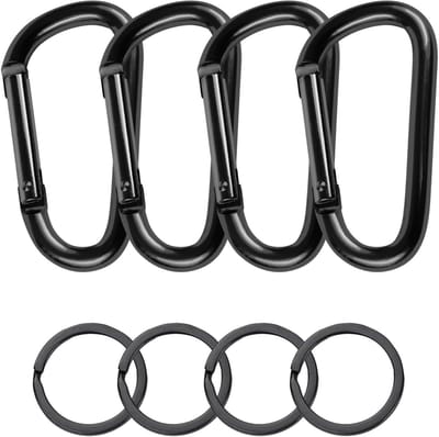 4 stuks karabijnhaken, aluminium karabijnhaken, karabijnhaken met D-clip, karabijnclips, voor hangmatten, kampeeraccessoires, zwart
