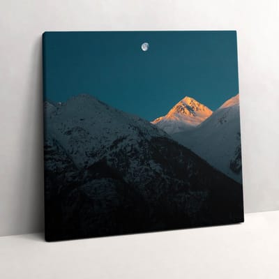 Wallfluent Foto Op Canvas Zonsondergang in de bergen - 60 x 60 cm - Blauw Schilderijen Op Canvas Doek - Fotografie Canvas Doek Foto - Natuur Print Van Doek - Fotografie Canvas Schilderij