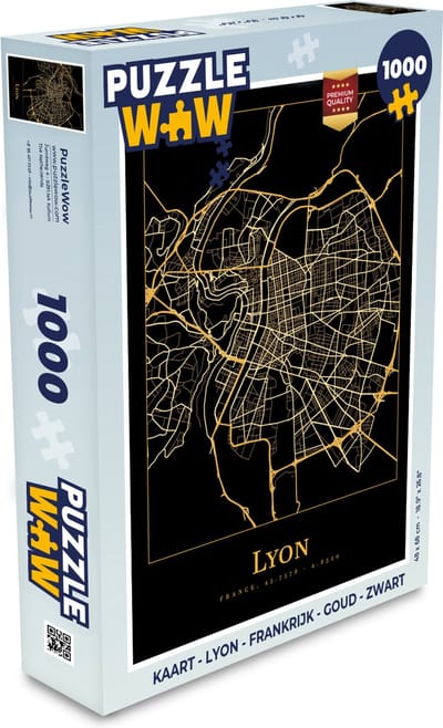 Puzzel Kaart - Lyon - Frankrijk - Goud - Zwart - Legpuzzel - Puzzel 1000 stukjes volwassenen