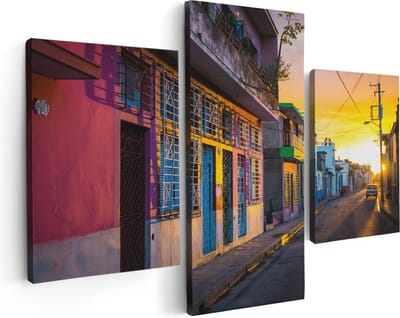 Artaza Canvas Schilderij Drieluik Cuba Kleurrijke Huisjes bij Zonsondergang - 90x60 - Foto Op Canvas - Canvas Print