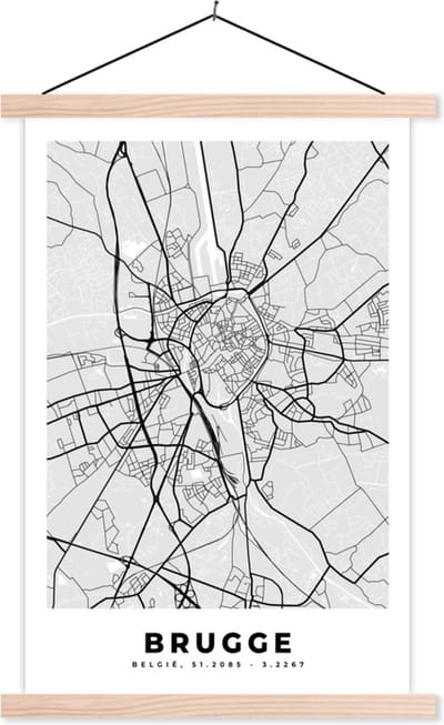 Posterhanger incl. Poster 40x60 cm - Schoolplaat - Stadskaart – Zwart Wit - Kaart – Brugge – België – Plattegrond - Textielposter - Blanke latten - Stadskaart