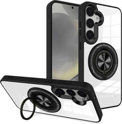 Magsafe Hoesje Geschikt voor Samsung Galaxy S25 / S24 hoesje Transparant Zwart - Met kickstand Draaibare Ring Houder