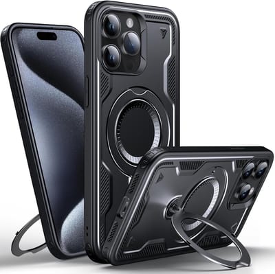 Magsafe Hoesje Geschikt voor iPhone 15 Pro Max Hoesje Zwart - Armor Hoesje met Met Draaibare Ring Houder
