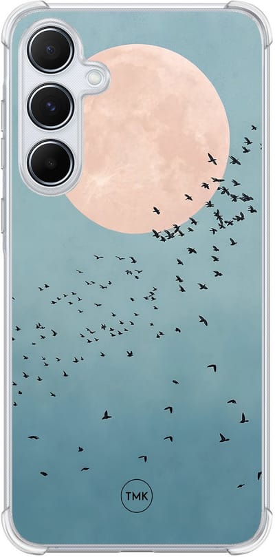 Shockproof hoesje geschikt voor Samsung Galaxy A55 - Moon birds - Schokbestendig - Verhoogde randen - TPU case - Extra Sterke Back Cover - Print - Transparant, Blauw