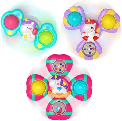 3 Stuks Eenhoorn Zuignap Spinner Speelgoed voor Baby - Schattig Cartoon Eenhoorn Zintuiglijk Fidget Speelgoed met Pop Bubbels & Rammel Kralen - Montessori Vroegopvoedend Bad Eetstoel Raam Speelgoed voor Peuters 1-3 Jaar