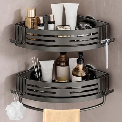 Dailygoods- Doucheplank zonder boren - Hoek model met handdoekhouder - Sterke zuignappen - Roestvrij aluminium - Lichtgewicht en waterdicht - Ideaal voor huurwoningen - Doucherek