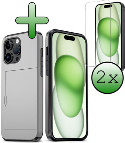 Hoes Geschikt voor iPhone 15 Pro Hoesje Hard Case Met Pas Houder Met 2x Screenprotector - Hoesje Geschikt voor iPhone 15 Pro Hoes Shockproof Hard Cover Met Kaarthouder - Grijs