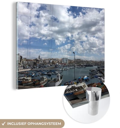 ® Glasschilderij 160x120 cm - Schilderij acrylglas - Een vissersdorp en haven in de buitenwijken van Algiers in Noord-Afrika - Foto op glas - Muurdecoratie woonkamer - Wanddecoratie slaapkamer - Schilderijen
