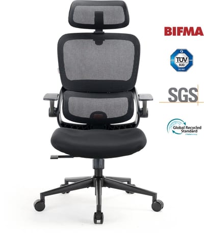 SIHOO B100 Ergonomische Bureaustoel - Ademende Katoenen Zitting - Verstelbare en Roteerbare Hoofdsteun - 2D Klaparmleuningen - Dubbele Lendensteun - 113°/123°/135° Kantelbare Rugleuning - Stille Wielen - voor Thuiskantoor