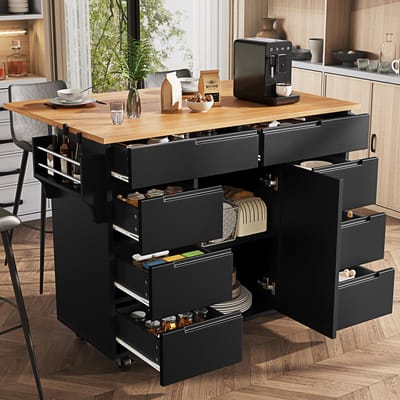 Modern kookeiland, Keukenkast, Uitschuifbare keukenkar met wielen en werkblad, Serveerwagen met kruidenrek en 8 lades, Zwart