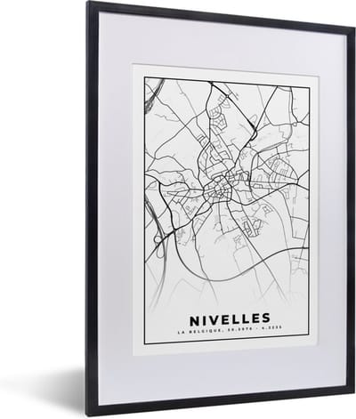 Fotolijst incl. Poster Zwart Wit- België – Nivelles – Stadskaart – Kaart – Zwart Wit – Plattegrond - 30x40 cm - Posterlijst