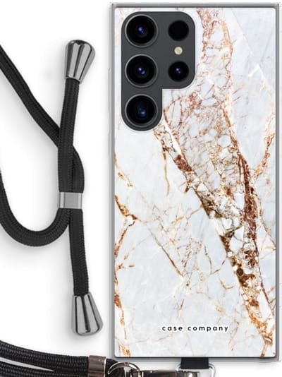 Case Company® - Hoesje met koord geschikt voor Samsung Galaxy S23 Ultra hoesje met Koord - Goud marmer - Telefoonhoesje met Zwart Koord - Bescherming aan alle Kanten en Over de Schermrand