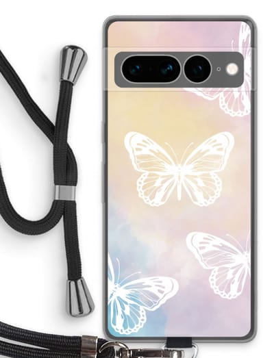 Case Company® - Hoesje met koord geschikt voor Google Pixel 7 Pro hoesje met Koord - White butterfly - Telefoonhoesje met Zwart Koord - Bescherming aan alle Kanten en Over de Schermrand