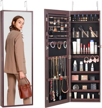 Spiegeljuwelenkast, 108cm ，Afsluitbaar, Wand-/Deurbevestiging, Led, Fluweel Gevoerd, Bruin, Organiser