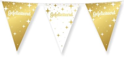 10 meter vlaggenlijn Wit/Goud folie - Gefeliciteerd - 12 vlaggen - 30 cm - Dubbelzijdig gedrukt - Glimmende folie