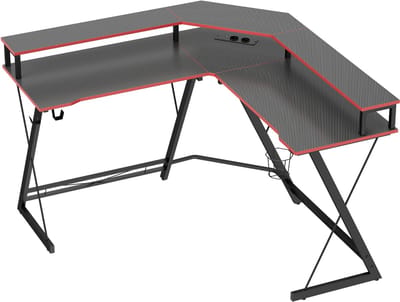 L-vormig gaming bureau - Hoekbureau met monitorstandaard, stopcontacten en kabelbeheer - Voor werken en gamen - 128x128 cm - Zwart