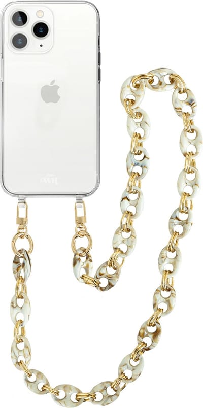 xoxo Wildhearts silicone case met koord - Transparant telefoonhoesje met koord - telefoonketting - Marble Creme - Lang koord - Cord Case - geschikt voor Apple iPhone 12 Pro Max hoesje - Ketting met marmere look - marmer - creme / beige