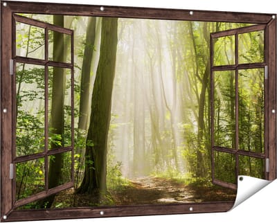 Gards Tuinposter Doorkijk Bos met Bomen en Zonneschijn - 150x100 cm - Tuindoek - Tuindecoratie - Wanddecoratie buiten - Tuinschilderij