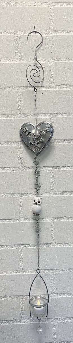 Deco theelichthouder "hart"met metalen ketting - Hart+vogel en uil- zilveren ketting + witte uil - lengte 105 cm - exclusief theelicht - Woondecoratie - Theelichthouder - Woonaccessoires