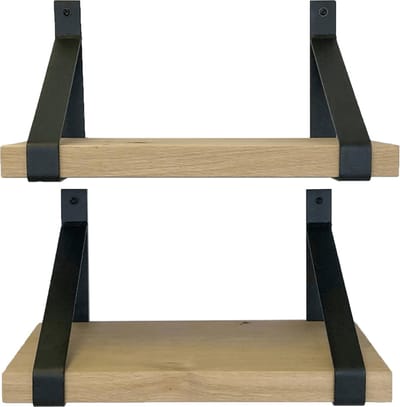 GoudmetHout® Wandplank Set Industrieel - 50 x 25 cm Muurplank - Eiken Hout - Decoratie Wandrek & Boekenrek - Set van 2 Hangplanken Keuken - Wall Shelf + 2 Mat Blanke Plankdragers van Staal