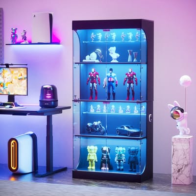 OKWISH Vitrinekast – 4 Niveaus Met Ledverlichting En Oplaadpunt – Voor Woonkamer En Slaapkamer – Glas Zwart – 80x35x165 cm