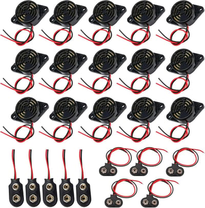 Set van 15 Actieve Piezo Zoemers (3-24V) met 10 Stuks 9V Batterijconnectoren - Continu & Intermitterend Alarm