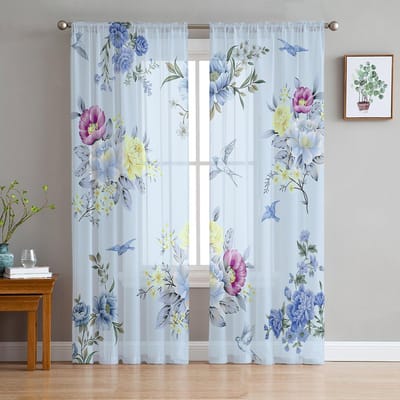 Bloem Vogel Blad Transparante Gordijnen Voor Woonkamer Slaapkamer Kinderkamer Tule Raambekleding Draperieën 135W x 114H(cm) white