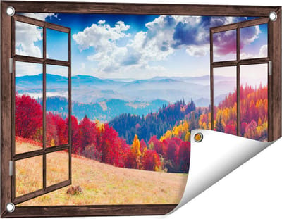 Gards Tuinposter Doorkijk Kleurrijke Herfstbos met Heuvellandschap - 60x40 cm - Tuindoek - Tuindecoratie - Wanddecoratie buiten - Tuinschilderij