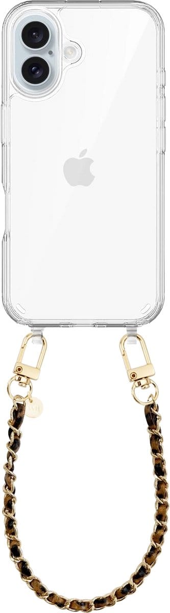 xoxo Wildhearts siliconen hoesje geschikt voor iPhone 17 - Classic Chain - Leopard (kort koord) - Telefoonhoesje - Hoesje met koord - Schakelketting - Kort telefoonkoord - Luipaardprint met goud - Transparant hoesje