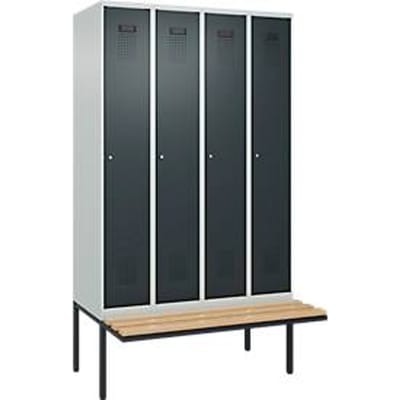 C+P Evolo Plus garderobekast, 4 vakken van elk 300 mm breed, zwevende bank, B 1200 x D 815 x H 2120 mm, cilinder, lichtgrijs/antracietgrijs