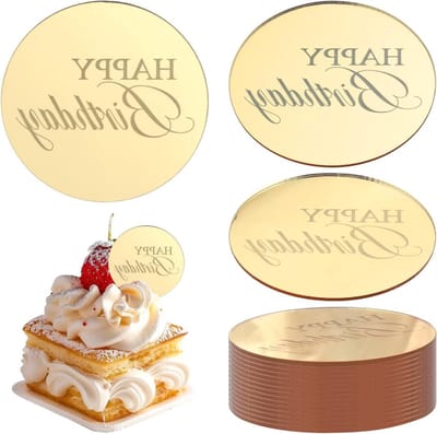 Dailygoods - 40 stuks spiegel acryl taarttoppers, ronde gouden Happy Birthday cupcaketoppers, cirkel gegraveerde taartschijfplectrums, decoratie voor jubileumfeest gebak