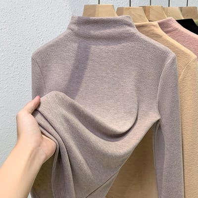Sous-manteau pour femme, col montant, t-shirt à manches longues, couche intérieure chaude, haut cintré à la taille 3XL violet