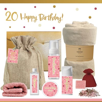 Geschenkset “20 Happy Birthday!” - 8 producten - 1210 gram - Triomf Cosmetica | Luxe Cadeaubox voor haar Wellness Pakket Meisje Giftset Party Cadeaupakket Twintig Jarige Verjaardag Gefeliciteerd Cadeau Speciaal Feestje Gift Set Oud Roze Beige