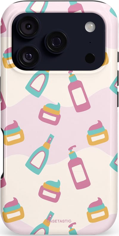 Casetastic hoesje geschikt voor Apple iPhone 17 Pro - MagSafe - Dubbellaagse bescherming - Bubbels & Borstels - Clean Girl - Makeup - Fashion Case - Wit Lichtgrijs Lichtroze