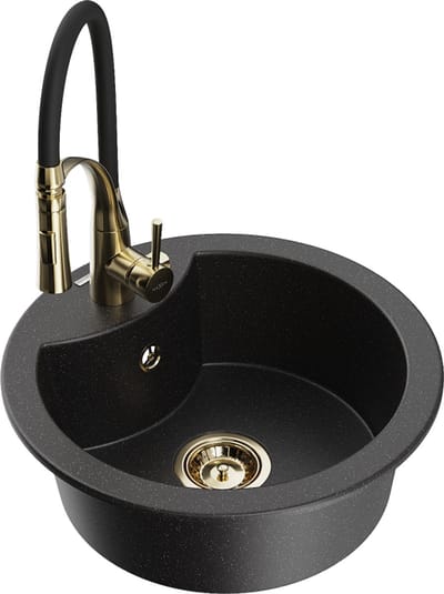 Mexen Diego granieten gootsteen 1-komor met keukenmengkraan Aster, zwart/zilver metallic - 6512-73-73450-57-G