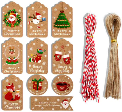 QTTVBTNA - Kerstcadeau Labels - 100 stuks - Kraftpapier kerstlabels - Decoratieve Hangtags - Geschenk & DIY - Kerstmis - met jute band
