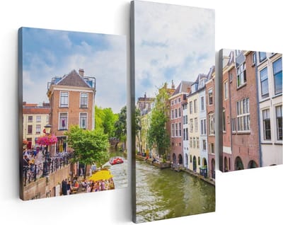 Artaza Canvas Schilderij Drieluik Huizen Aan De Oudegracht In Utrecht - 90x60 - Foto Op Canvas - Canvas Print