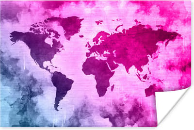 Poster 30x20 cm - Wereldkaart - Blauw - Roze - Posters - Kamer decoratie - Wanddecoratie woonkamer - Muurdecoratie slaapkamer