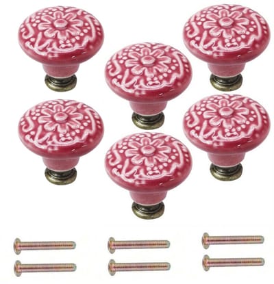 Meubelknoppen Set Roze Keramiek Rond met Bloem - 6x Kastknop met schroef - Vintage/Antiek handgreep voor deur en lade