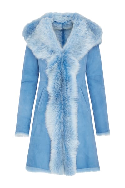 Dames blauwe Toscaanse trenchcoat met capuchon van echt schapenleer - Isola