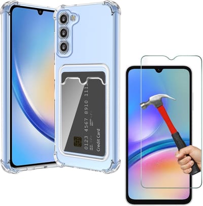 Schokbestendig TPU Hoes Kaarthouder + Screenprotector Geschikt voor: Samsung Galaxy A36 - Transparant - Hoesje met Achterkant Pasjeshouder