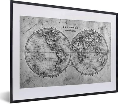Poster in lijst - Fotolijst 40x30 cm - Posters - Wereldkaart - Vintage - Papyrus - Kids - Jongen - Meisje - Posterlijst zwart - Decoratie - Wanddecoratie woonkamer - Muurdecoratie slaapkamer