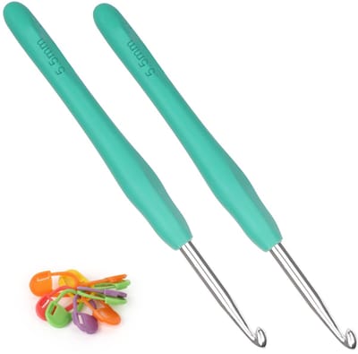 Haaknaalden 5,5 mm, 2 stuks metalen haaknaalden, ergonomische haaknaald met zachte handgreep voor artritische handen, TPR-greep, haaknaalden voor beginners en professionals, comfortabele