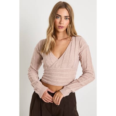 boohoo Dames Wrap Front Kabel Detail Trui | Steen | Maat: Small
