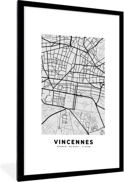 Fotolijst incl. Poster - Kaart – Stadskaart – Frankrijk - Vincennes - Plattegrond - 60x90 cm - Posterlijst