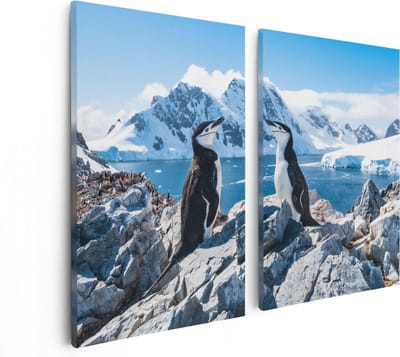 Artaza Canvas Schilderij Tweeluik Twee Pinguïns op Stenen in Antarctica - 80x60 - Foto Op Canvas - Canvas Print